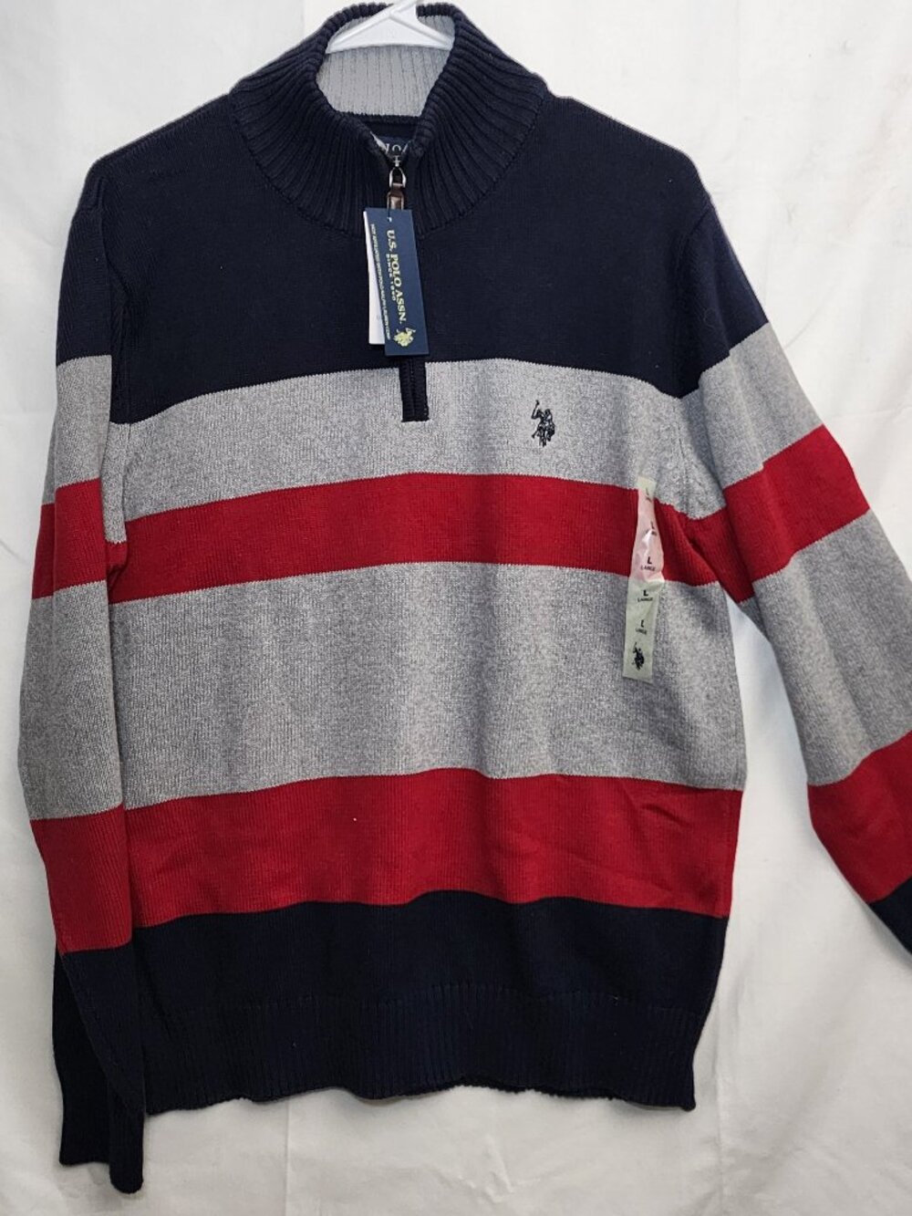 NWT U.S. Polo Assn. Men's Large Quarter Zip Sweater Navy Gray Red
